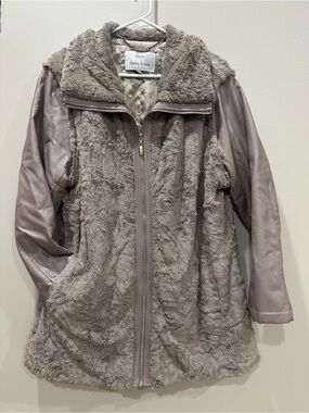 Dennis Basso Taupe Faux Fur Jacket with Leather-Look Sleeves